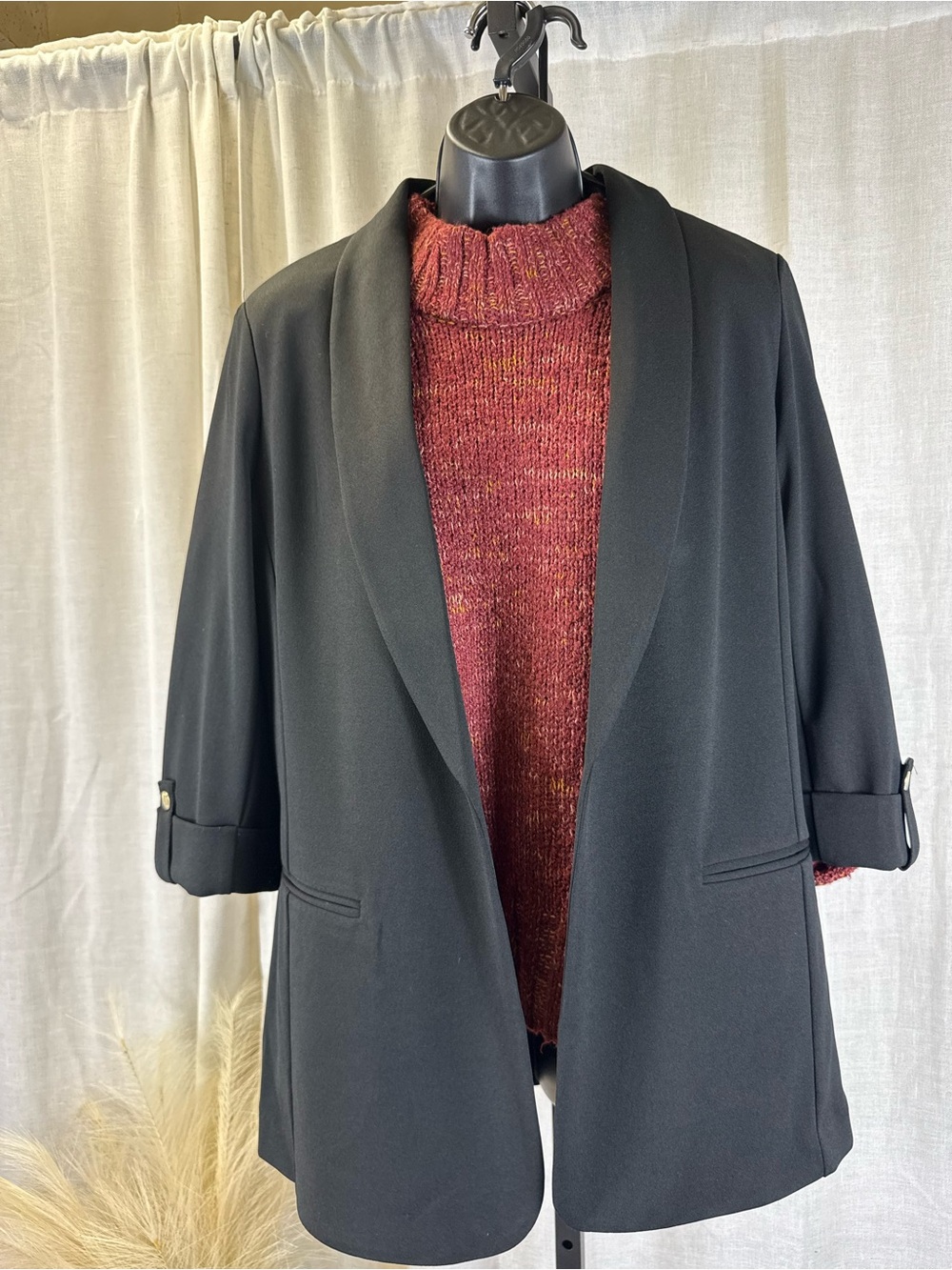 Anne Klein Black Open-Front Blazer with Rolled Cuffs
